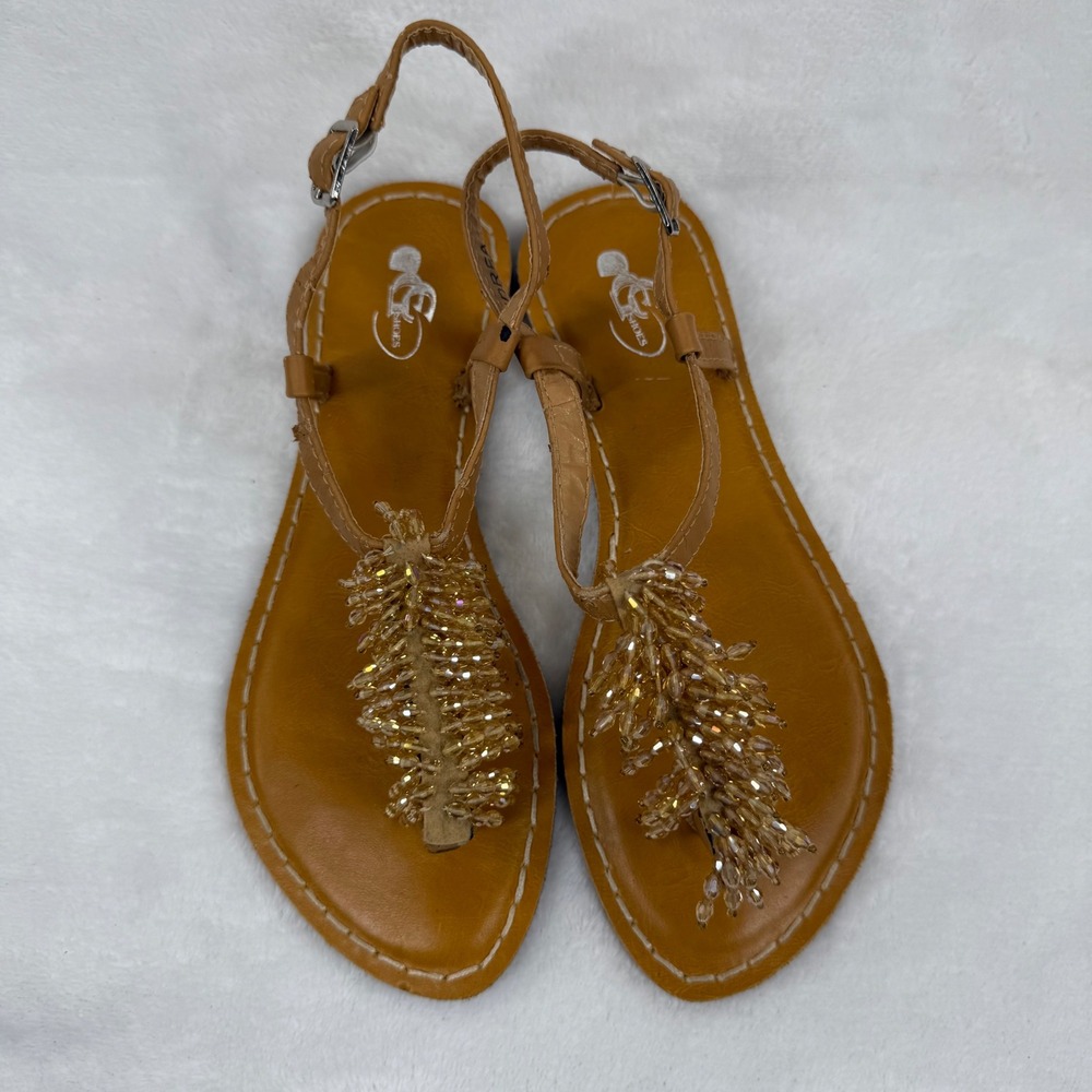 GC Shoes Andrea Beaded T-Strap Slingback Sandals Tan Gold Womens Size 7 Flat‎